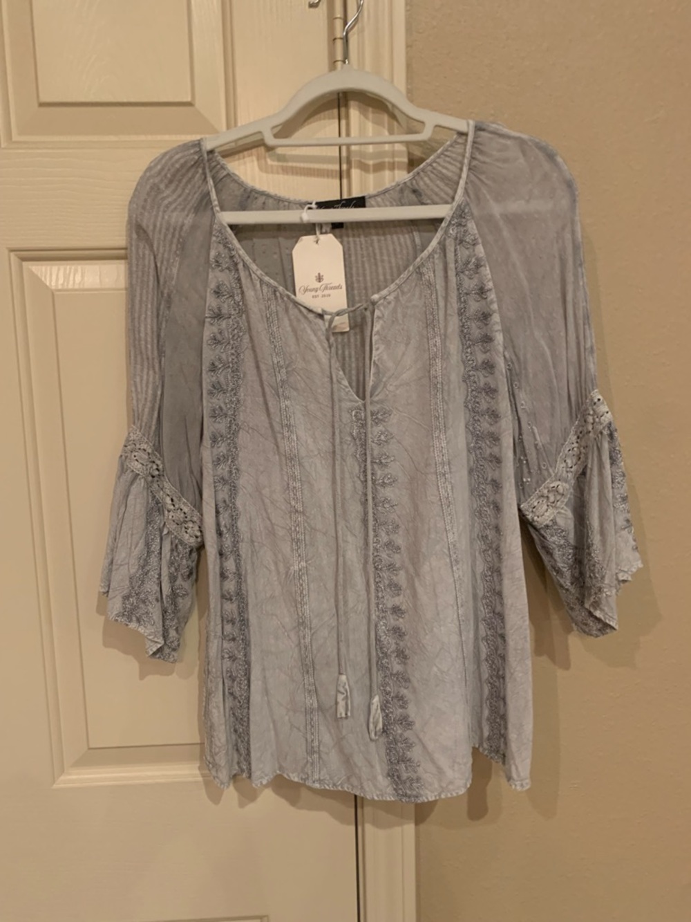 Embroidered Light Gray Boho Peasant Blouse with Tassel Tie
